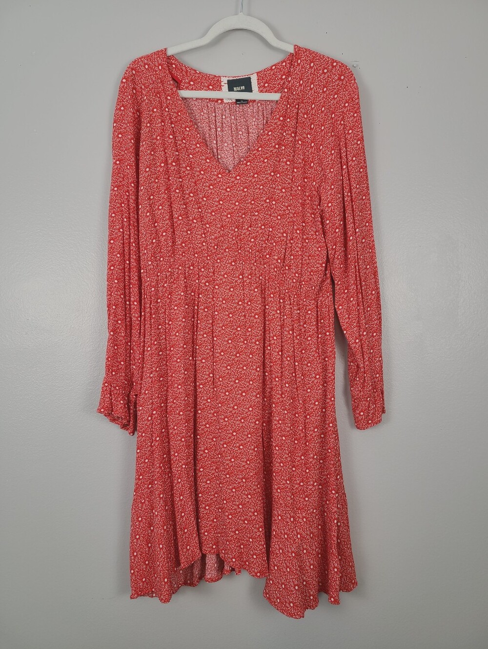 Anthropologie Maeve Coral Pink Abstract Floral Ruffle Hem Long-sleeve Dress XL